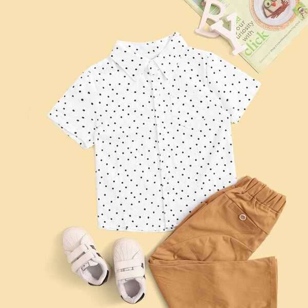 

Toddler Boys Polka Dot Curved Hem Shirt, White