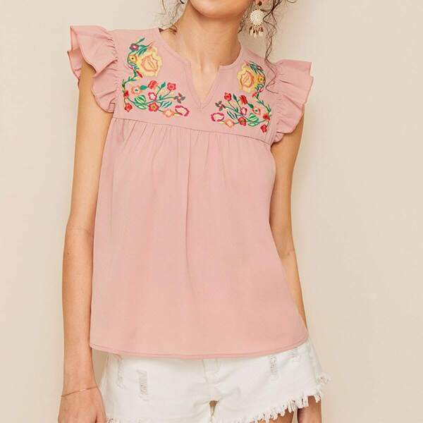 

Notch Neck Embroidery Frill Smock Blouse