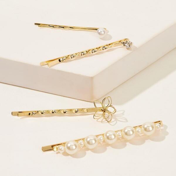 

Girls Faux Pearl & Floral Decor Hairpin 4pcs