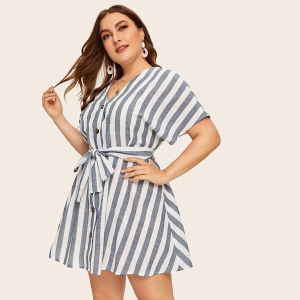 

Plus Button Front Self Belt Striped Dress, Grey