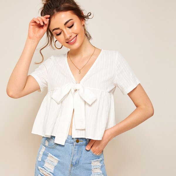 

Tie Front Ruffle Hem Blouse, White