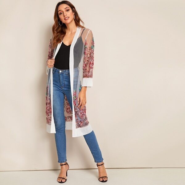 

Embroidery Mesh Contrast Binding Kimono