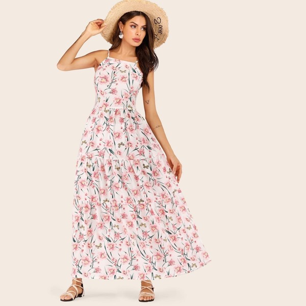 

Floral Print Shirred Maxi Cami Dress, White