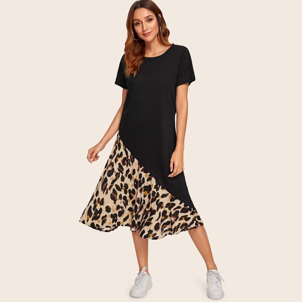 

Contrast Leopard Print Tee Dress, Black