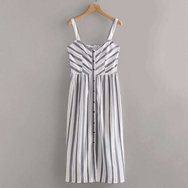 

Vertical-Striped Button Front Cami Dress