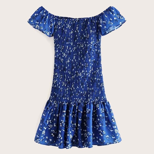 

Ditsy Floral Shirred Ruffle Hem Bardot Dress, Navy