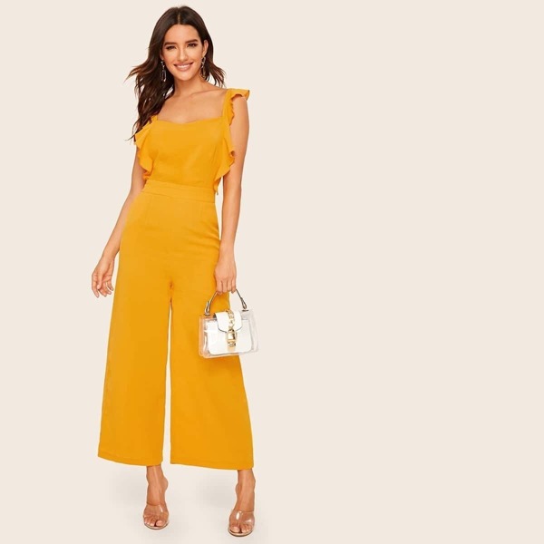 

Tie Back Ruffle Trim Wide Leg Jumpsuit