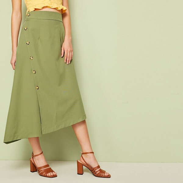 

Button Front Asymmetric Hem Skirt
