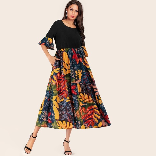 

Leaves Print Flounce Sleeve Maxi Dress