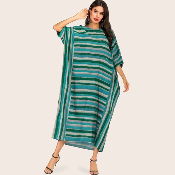 

Striped Print Batwing Sleeve Maxi Dress