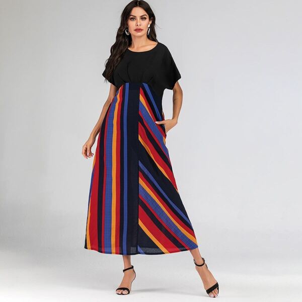 

Rainbow Stripe Print Hidden Pocket Maxi Dress, Multicolor