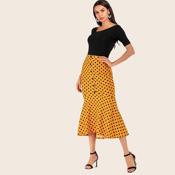 

Polka Dot Print Button Front Fishtail Hem Skirt