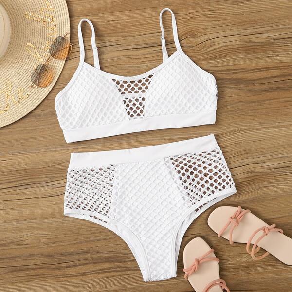 

Fishnet Overlay High Waist Bikini Set, White
