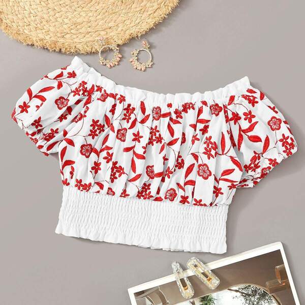 

Flower Embroidered Frill Trim Shirred Crop Top, Multicolor
