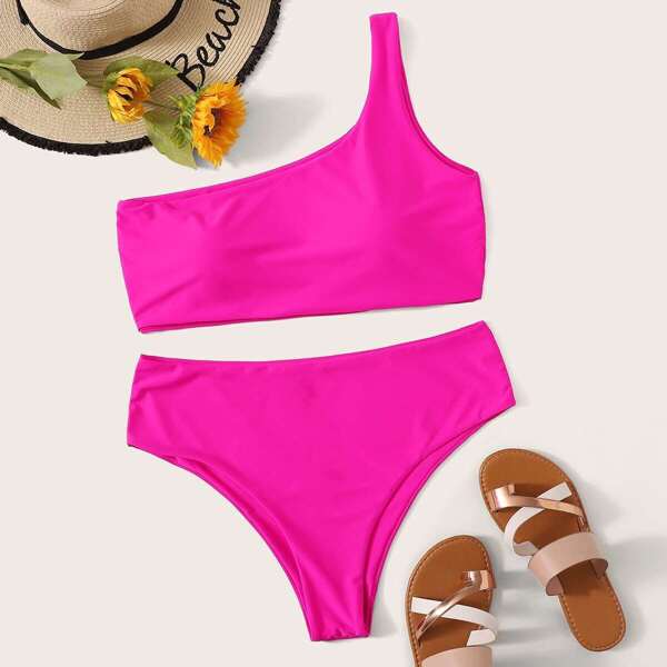 

Plus Neon Pink One Shoulder Bikini Set, Pink bright