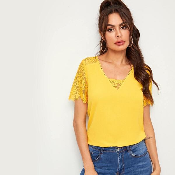 

Lace Trim Textured Top, Yellow bright