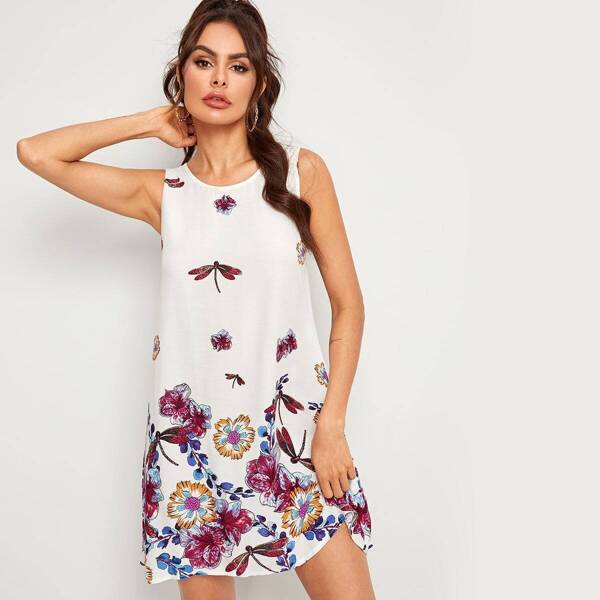 

Dragonfly & Floral Print Sleeveless Trapeze Dress