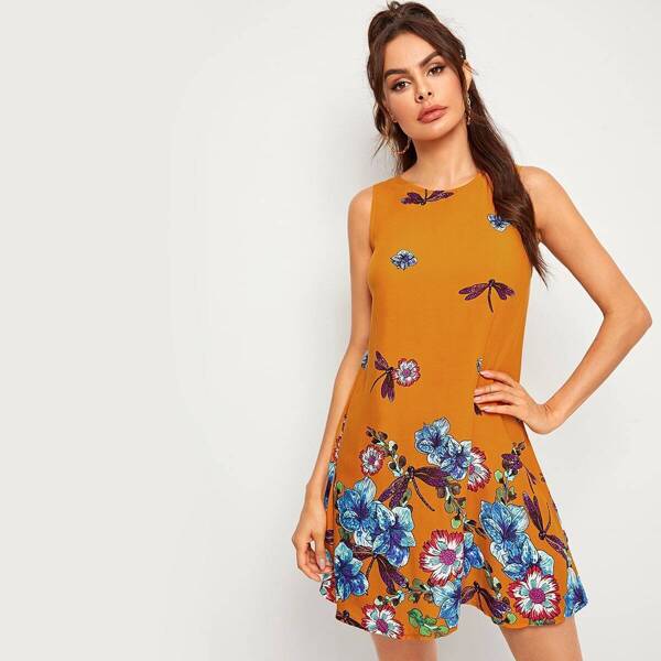 

Dragonfly & Floral Print Sleeveless Trapeze Dress