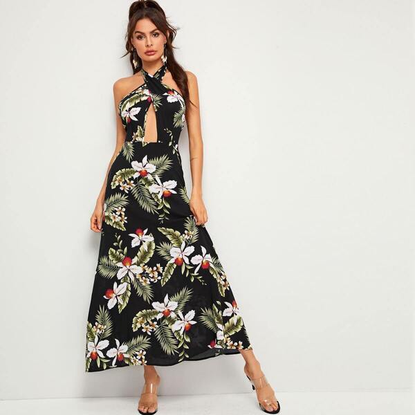 

Tropical Floral Print Peekaboo Front Backless Halter Dress