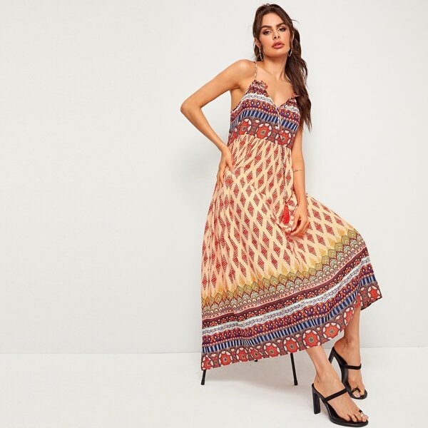 

Fringe Tie Front Tribal Print Slip Dress, Multicolor