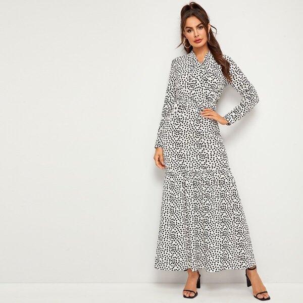 

Tie Neck Love Print Frill Trim Maxi Dress, Black and white