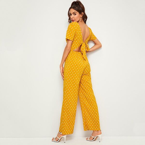 

Button Front Polka-dot Print Tie Back Maxi Jumpsuit
