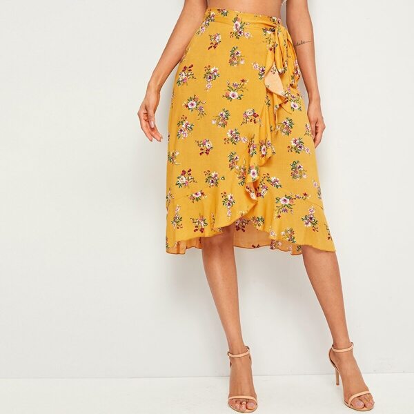 

Floral Print Ruffle Hem Wrap Knotted Skirt