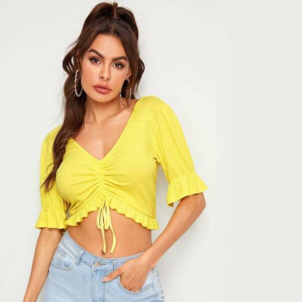 

Drawstring Front Frill Trim Crop Top
