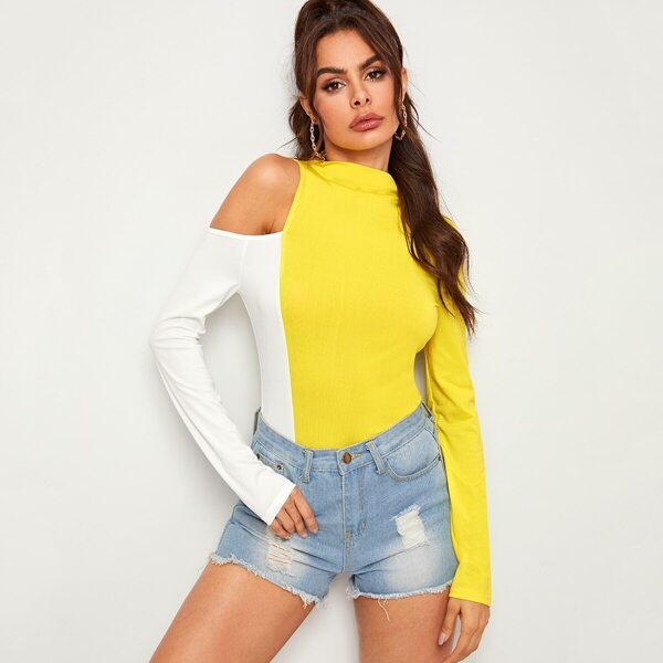 

Neon Yellow Cold Shoulder Form Fitting Tee