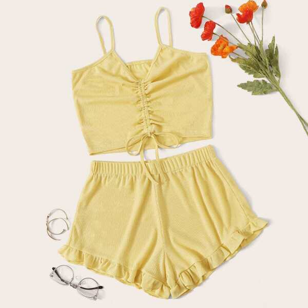 

Drawstring Ruched Top & Ruffle Shorts PJ Set, Yellow