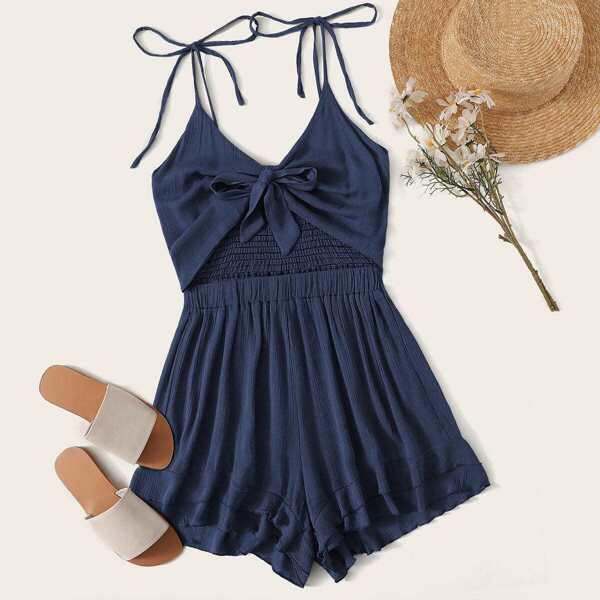 

Tie Front Shirred Layer Ruffle Hem Cami Playsuit, Navy