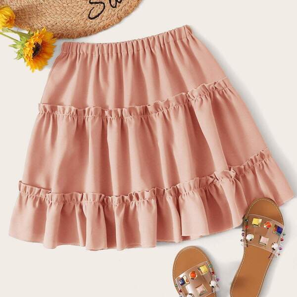 

Elastic Waist Frill Ruffle Hem Skirt, Pink
