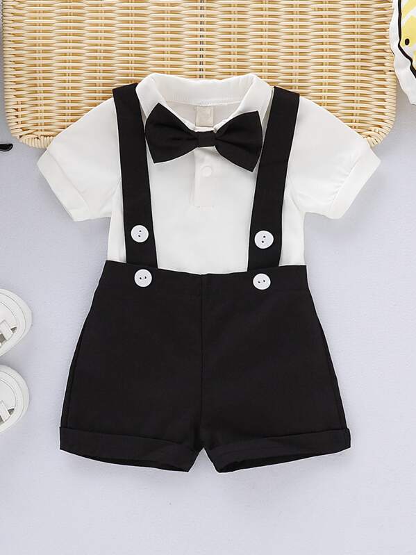 

Toddler Boys Bow Tie Jumpsuit & Straps Shorts, Black and white