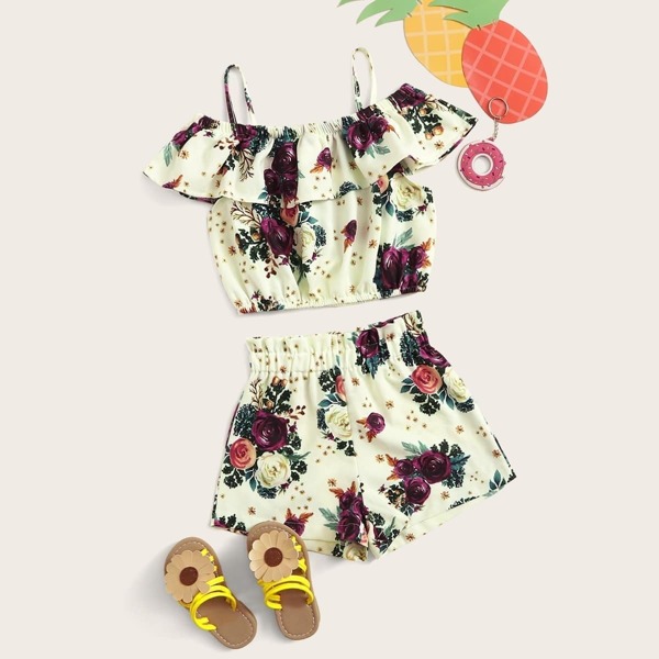 

Toddler Girls Large Floral Print Ruffle Trim Cami Top & Paperbag Shorts, Multicolor