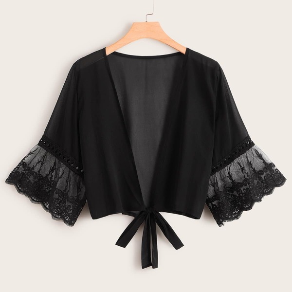 

Plus Lace Panel Tie Front Blouse, Black