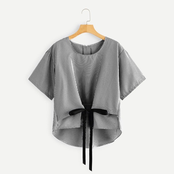 

Plus Striped Dip Hem Tie Front Blouse, Black and white