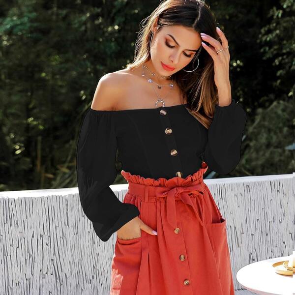 

Solid Button Front Off Shoulder Blouse, Black