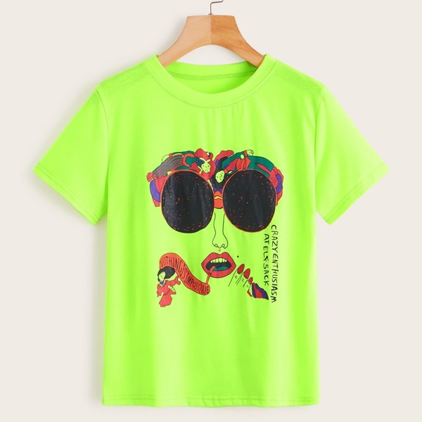 

Neon Green Figure & Letter Print Tee