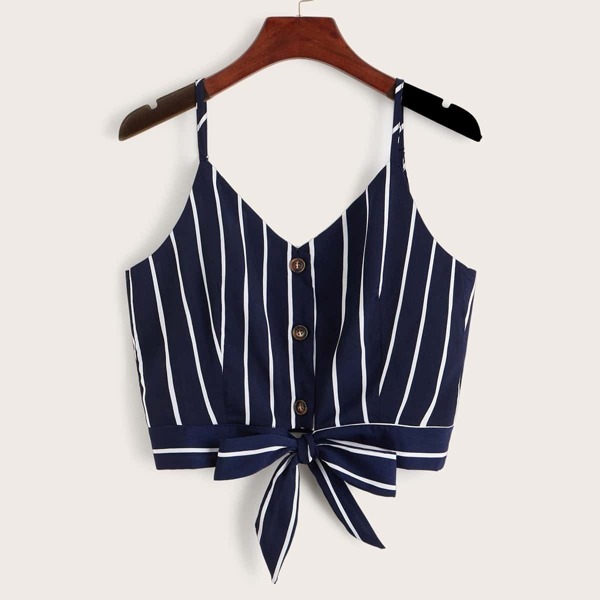 

Striped Button Front Knot Hem Cami Top