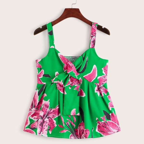 

Large Floral Print Knot Front Shirred Cami Top