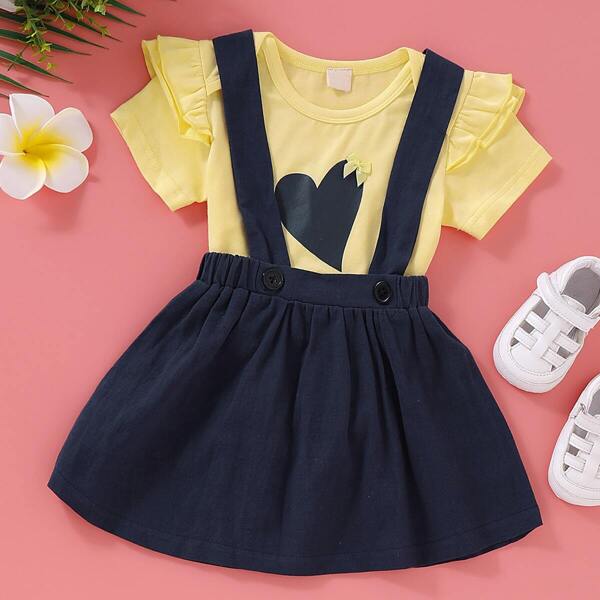 

Baby Girl Heart Print Ruffle Trim Tee With Straps Skirt, Multicolor