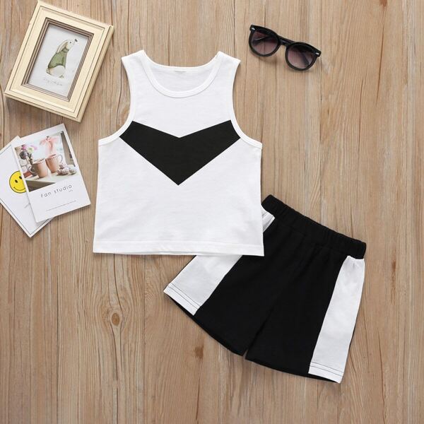 

Toddler Boys Chevron Print Tank Top With Contrast Panel Shorts, Black and white