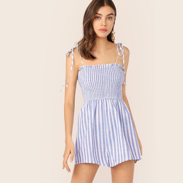 

Striped Knot Shoulder Shirred Romper
