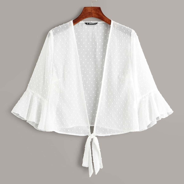 

Open Tie Front Jacquard Chiffon Kimono, White