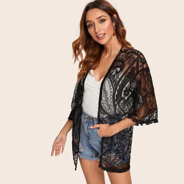 

Drop Shoulder Sheer Lace Kimono, Black