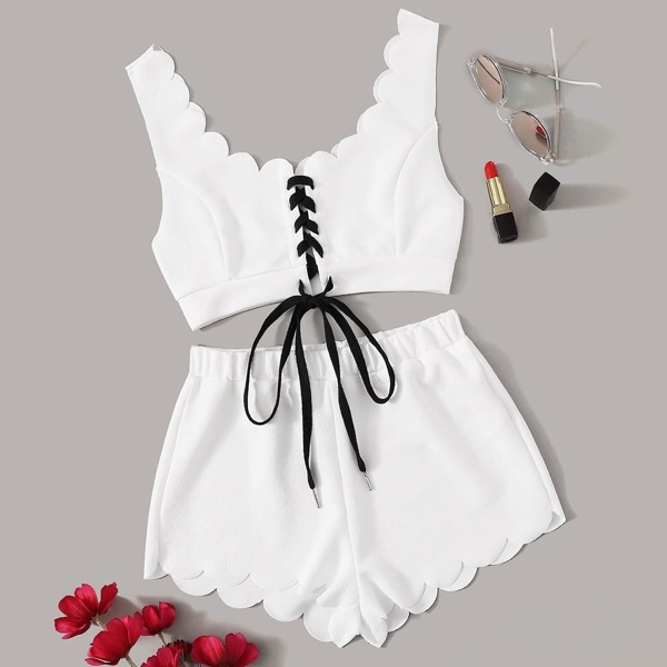 

Lace Up Front Top & Scalloped Trim Shorts Set