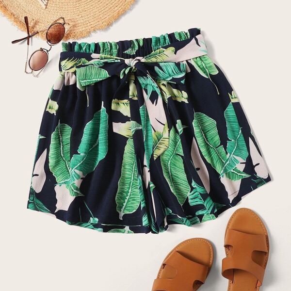 

Plus Paperbag Waist Belted Tropical Print Shorts, Multicolor