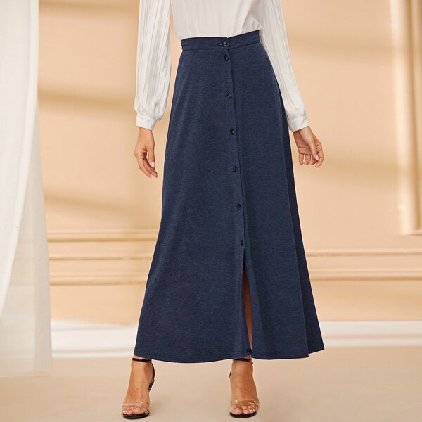 

Button Front Split Front Skirt, Blue
