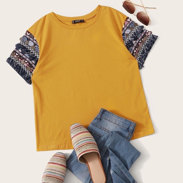 

Coin Fringe & Embroidered Tape Detail Sleeve Top