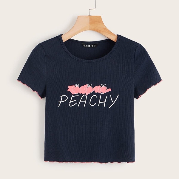 

Letter & Fruit Graphic Lettuce Trim Rib-knit Top, Navy